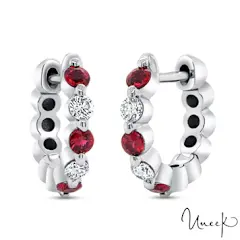 Ruby and Round Diamond Huggie Hoop Earrings in 14K White Gold
