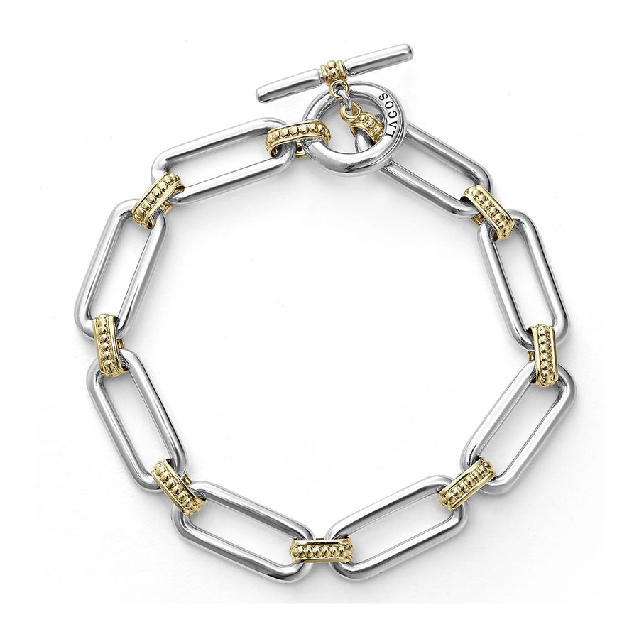 Signature Caviar Link Bracelet in 18K Yellow Gold and Sterling Silver with Toggle Clasp, Size 7