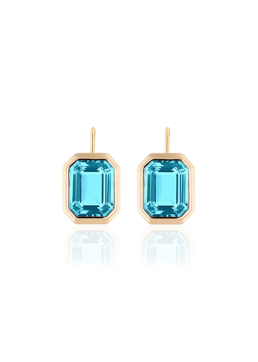 Manhattan 10.90ct Emerald Cut Blue Topaz Bezel Set Drop Earrings in 18K Yellow Gold