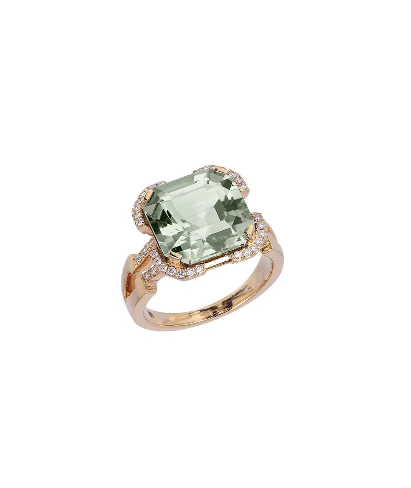 Gossip 6.99ct Asscher Cut Prasiolite and 0.24ct Diamond Ring in 18K Yellow Gold, size 6.5