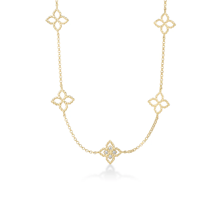 Princess Flower 0.03ct Diamond 11 Station Necklace in 18K Yellow Gold, 18-18" chain