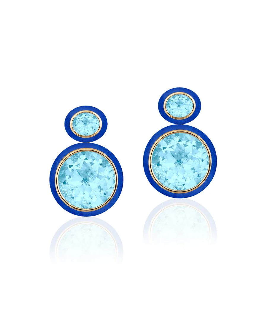 Mélange 34.34ct Blue Topaz and 5.06ct Lapis Lazuli Bezel Drop Earrings in 18K Yellow Gold