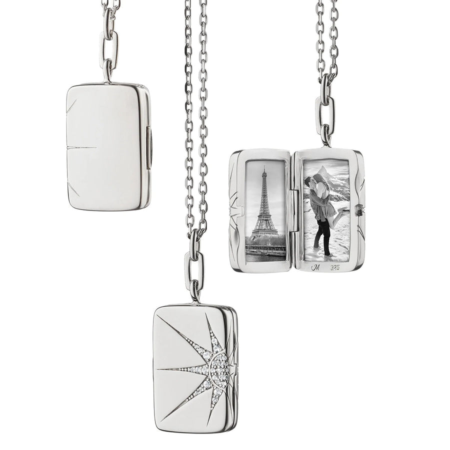 0.18Ct White Sapphire Sun and Star Rectangle Locket on Chain in Sterling Silver, 30-32in adj
