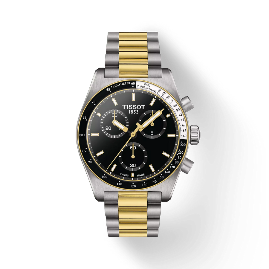 40mm PR516 Chronograph Quartz Watch with Black Dial in Stainless Steel with Yellow Gold PVD, Bracelet