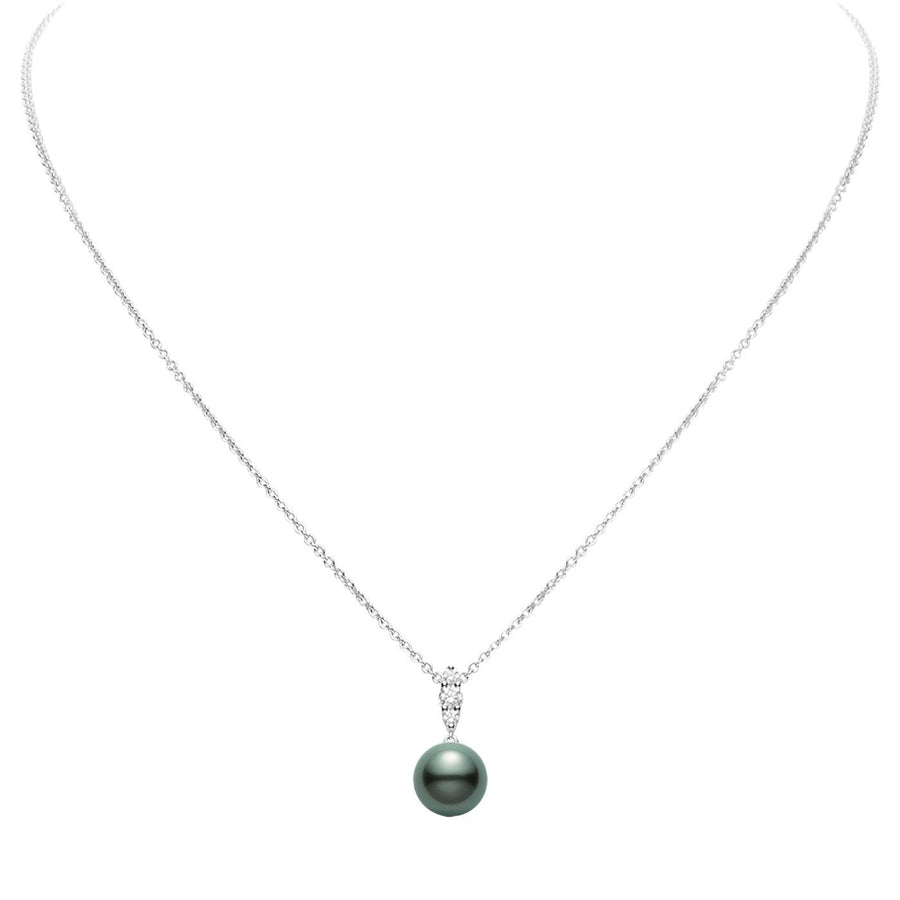 0.12Ct Diamond and Black South Sea 9mm Pearl Pendant on Chain in 18k White Gold, 16-18in adj