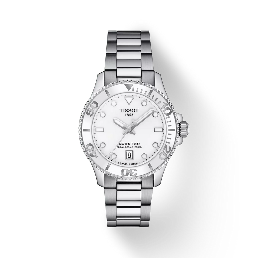 36mm Seastar 1000 Watch with White Index Dial in Stainless Steel, Bracelet