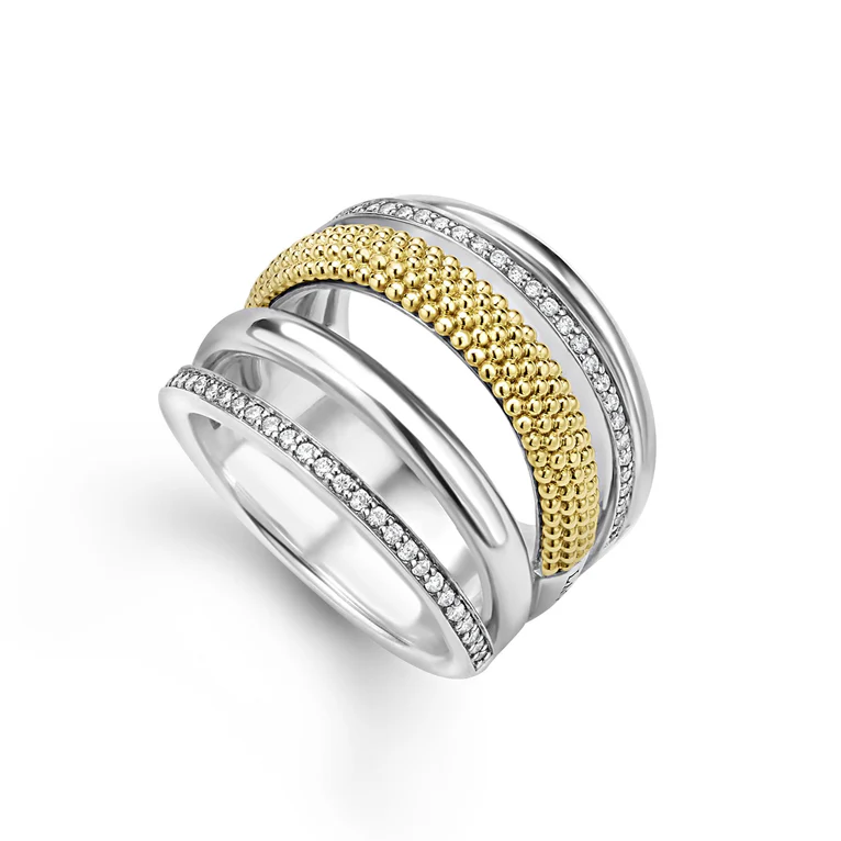 Caviar Lux Diamond 5 Row Ring in 18K Yellow Gold and Sterling Silver, size 7