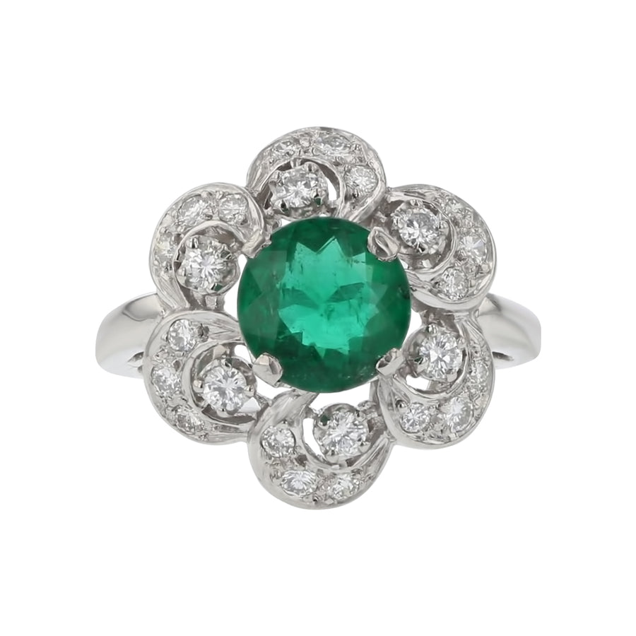 1.32ct Round Emerald and 0.70ct Diamond Halo Ring in Platinum, size 5.5