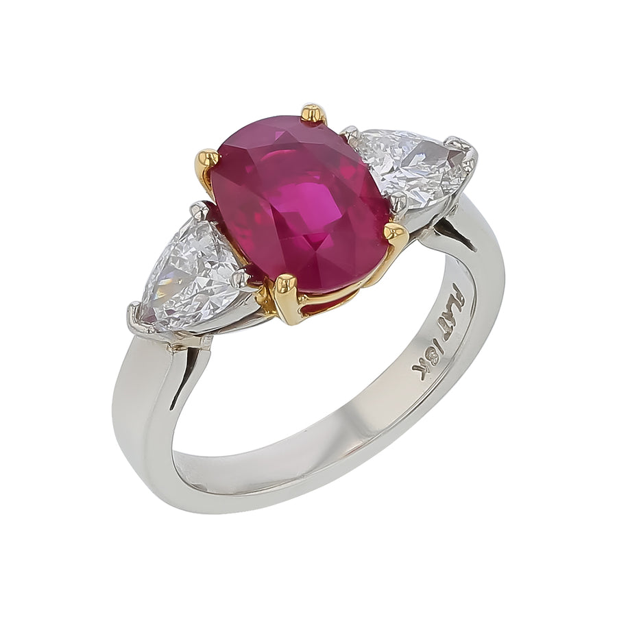3.15ct Burma Ruby and 0.99ct Diamond 3-Stone Ring in Platinum and 18K Yellow Gold, Size 5.25