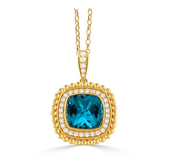 Justinian 2.33ct Blue Topaz and 0.16ct Diamond Halo Pendant in 18K Yellow Gold, without chain