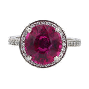 4.37ct Oval Rubellite Tourmaline (H) and 1.00ct Full Cut Diamond Halo Ring in Platinum