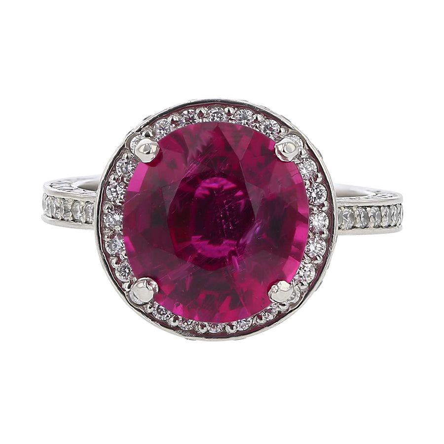 4.37ct Oval Rubellite Tourmaline (H) and 1.00ct Full Cut Diamond Halo Ring in Platinum