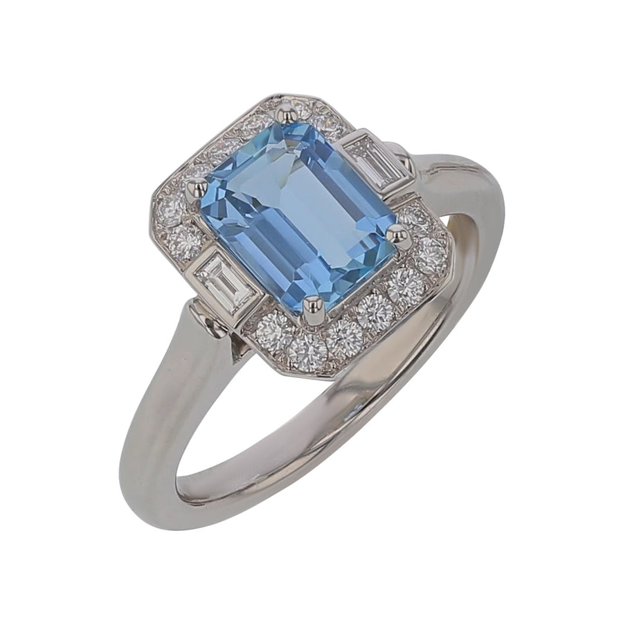 1.60ct Aquamarine and 0.29ct Diamond Halo Ring in Platinum, Size 6.25
