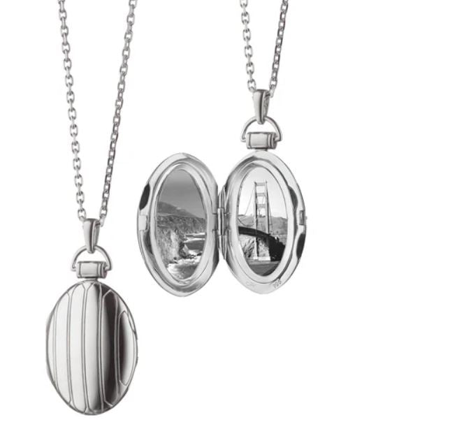 Oval Pinstripe Locket on Chain in Sterling Silver, 32inch