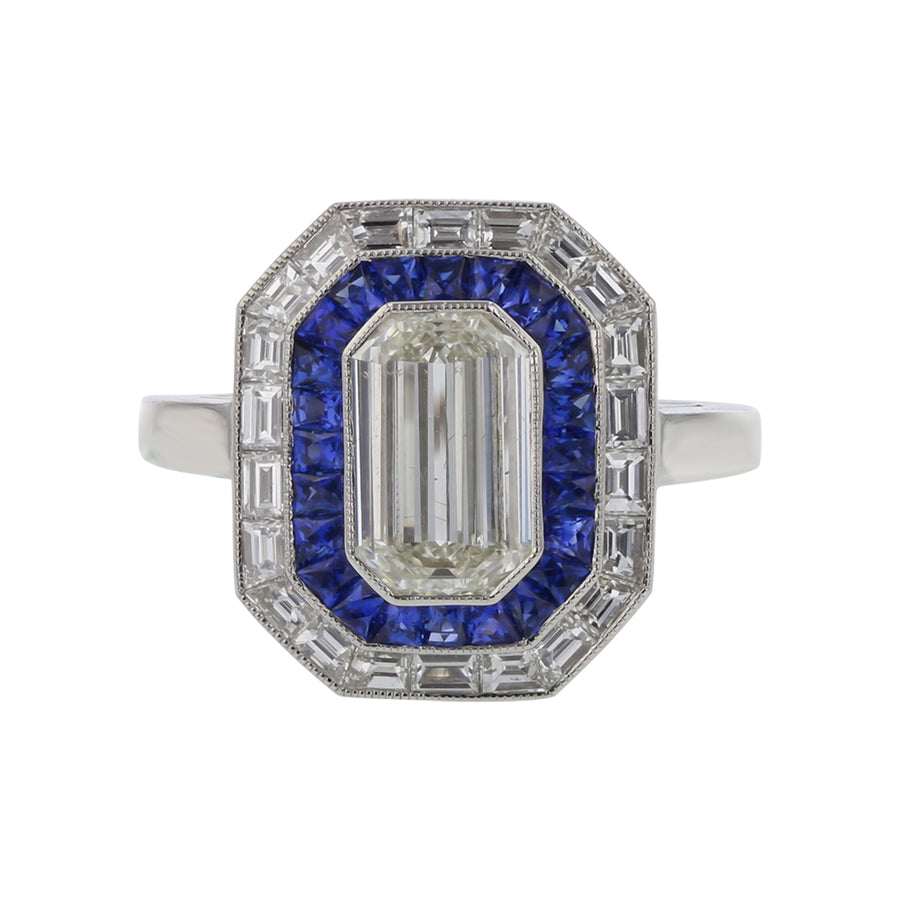 1.50ct Emerald Cut Diamond I/VS2 GIA 0.65ct Square Cut Diamonds and 0.60ct French Cut Sapphire Ring in Platinum