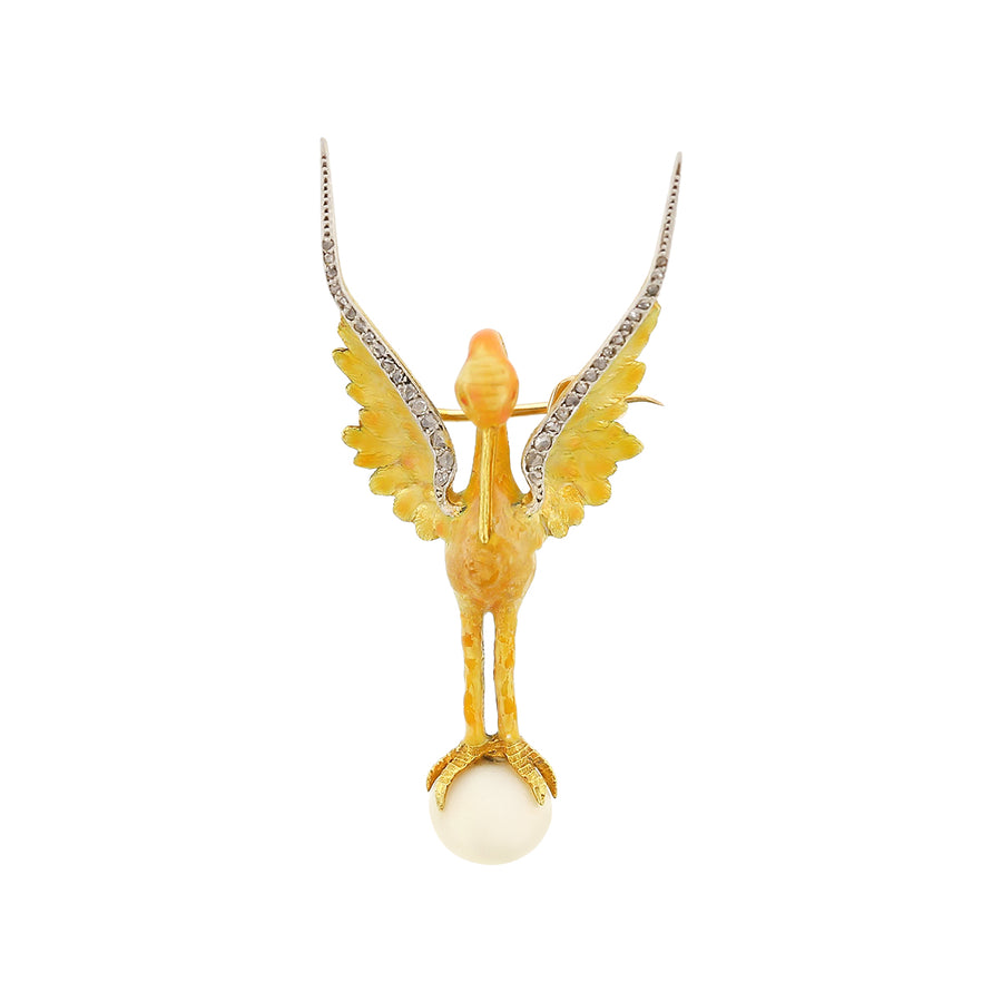 Art Nouveau Enamel Stork Pin/Brooch with Pearl and 36 Old Rose Cut Diamonds in 19K Yellow Gold