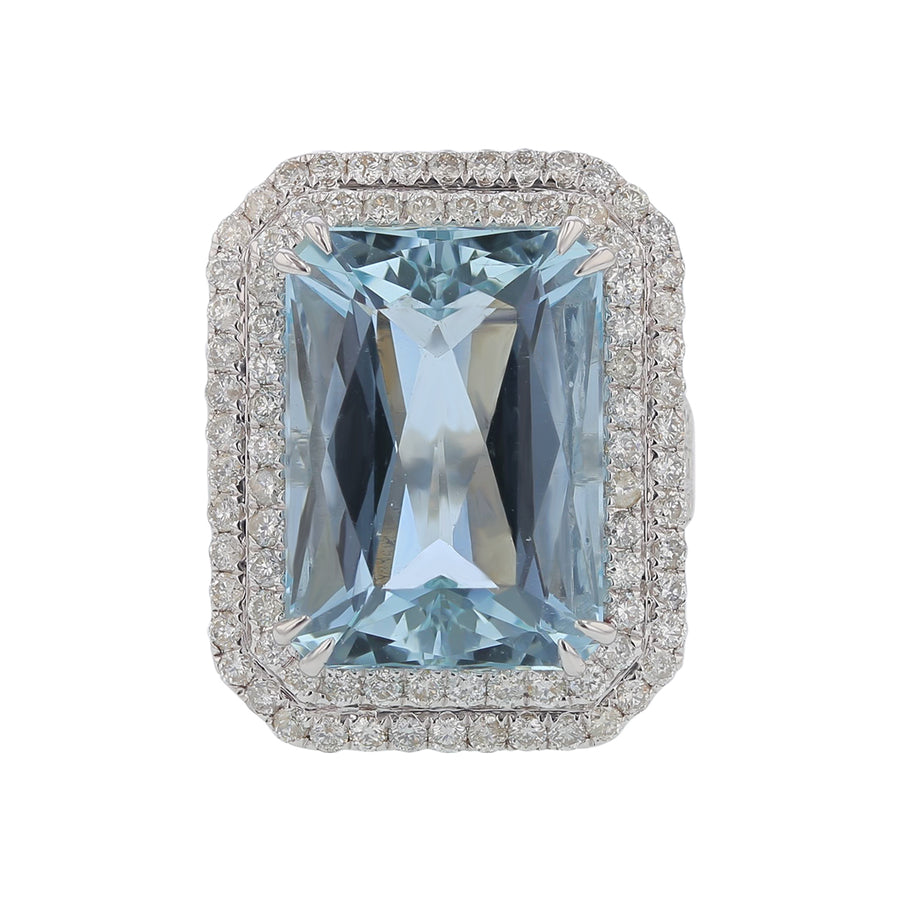 15.57ct Aquamarine and 1.71ct Diamond Double Halo Ring in 14K White Gold, size 7