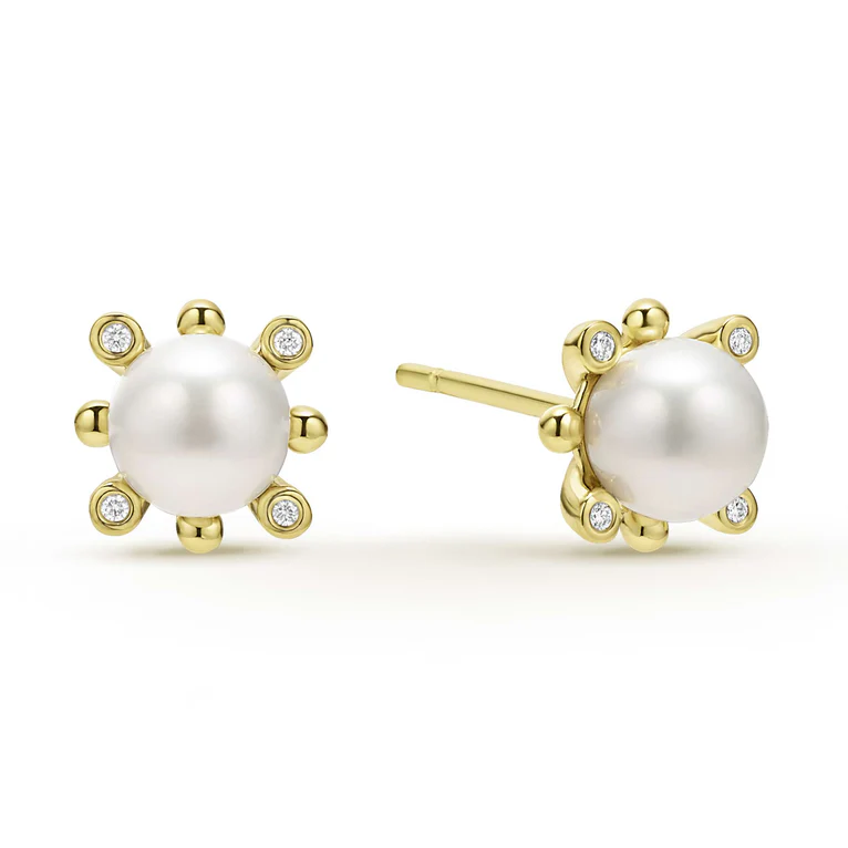 Luna Pearl and Diamond Stud Earrings in 18K Yellow Gold