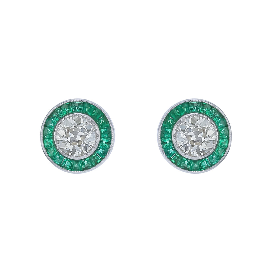 2.00ct Diamond and 0.83ct Emerald Halo Stud Earrings in Platinum