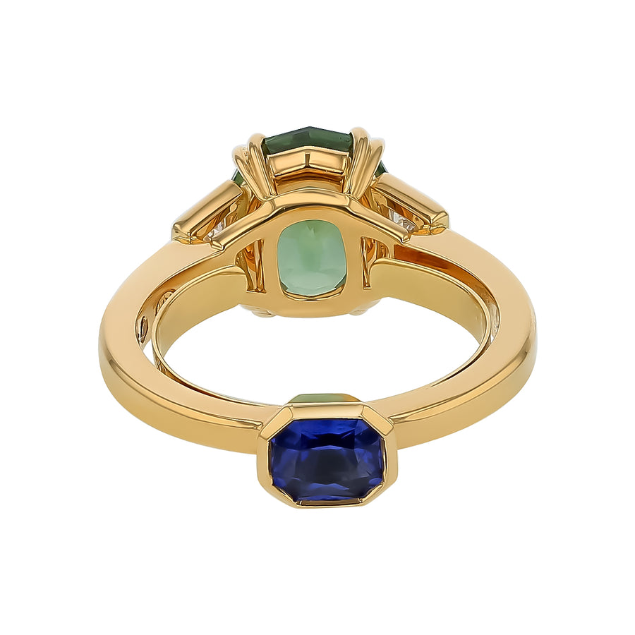 5.26ct Oval Montana Sapphire GIA/ AGL, 0.91ct Blue Sapphire, and 0.63ct Diamond 3 Stone Ring in 18K Yellow Gold, size 8