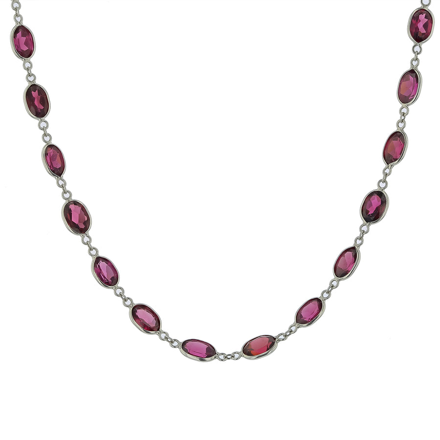 6.01ct Oval Rhodolite Garnet Station Necklace in 14K White Gold, 18"