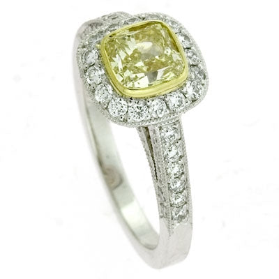 Luca 1.22ct Fancy Light Yellow Kite Diamond and 1.04ct Diamond Halo Ring in Platinum and 18K Yellow Gold, size 5.75
