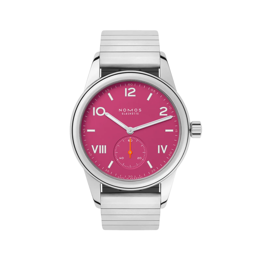 36mm Club Campus Watch with Deep Pink Dial in Stainless Steel Grey Velour Strap