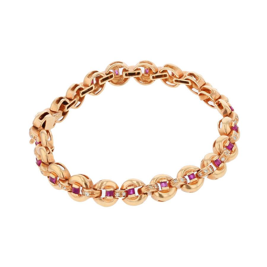 0.95ct Square Cut Ruby and 0.30ct Full Cut Diamonds Bracelet in 18k Yellow Gold 7"