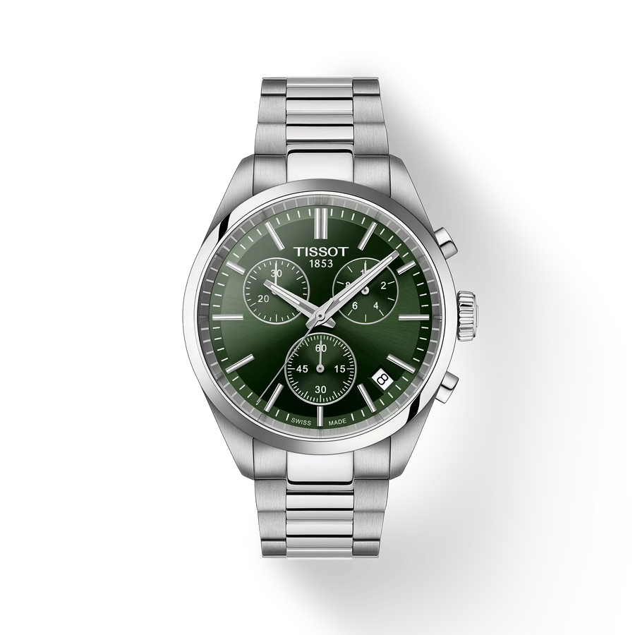 40mm PR 100 Chronograph Watch with Green Dial in Stainless Steel, Bracelet