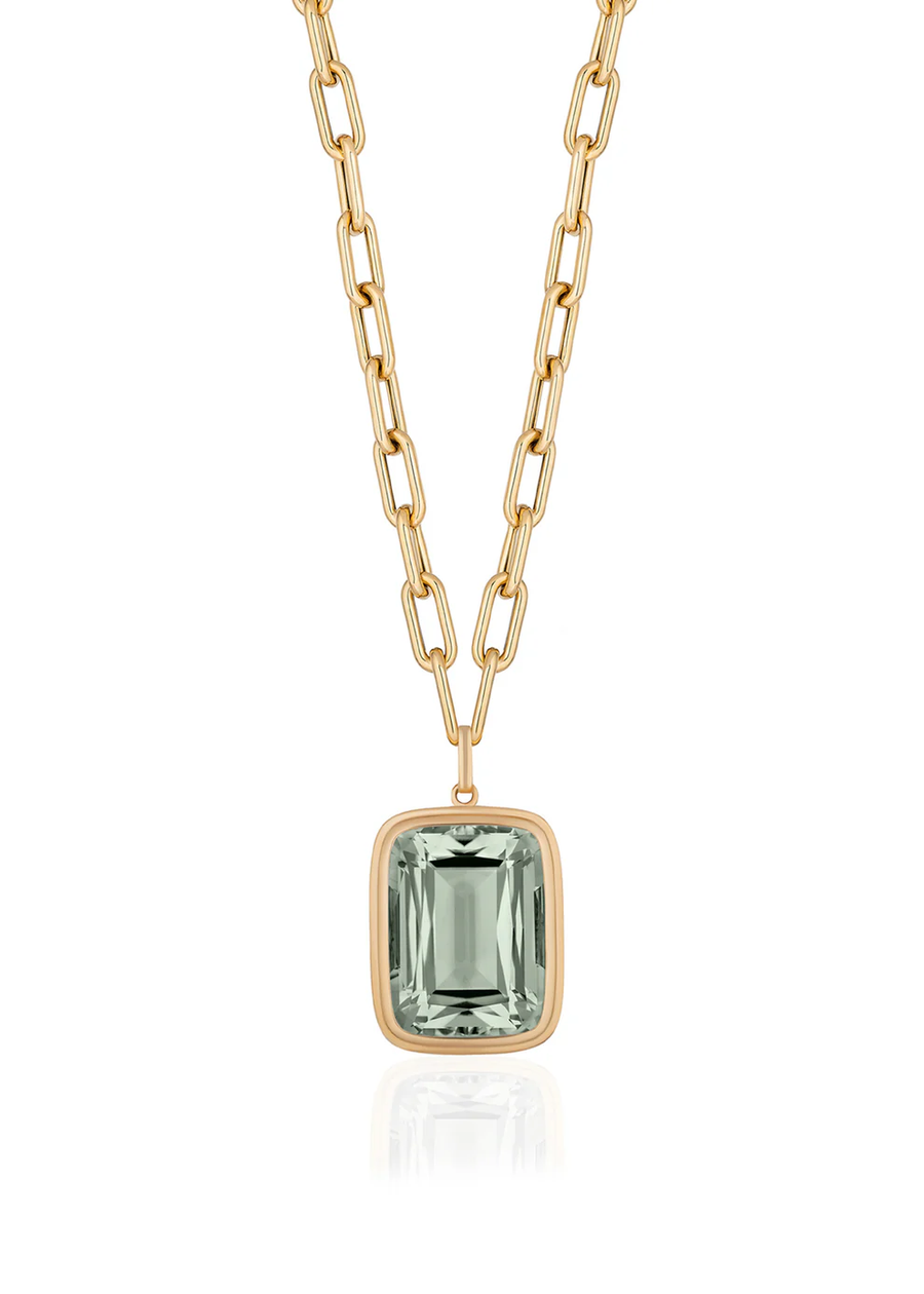 Manhattan 19.82ct Cushion Cut Prasiolite Pendant in 18K Yellow Gold, 18" chain