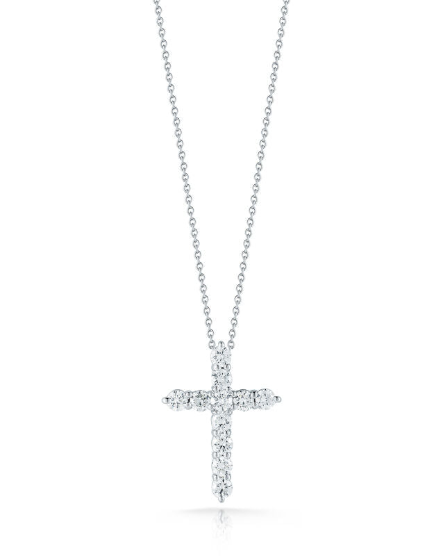 Diamond Small Cross Pendant in 18K White Gold, 18" chain