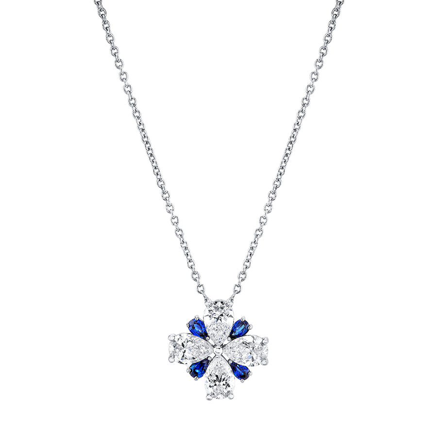 Scallop Jubilee 1.61ct Pear Shaped Diamond and 0.32ct Pear Shaped Sapphire Necklace in 18K White Gold, 18"