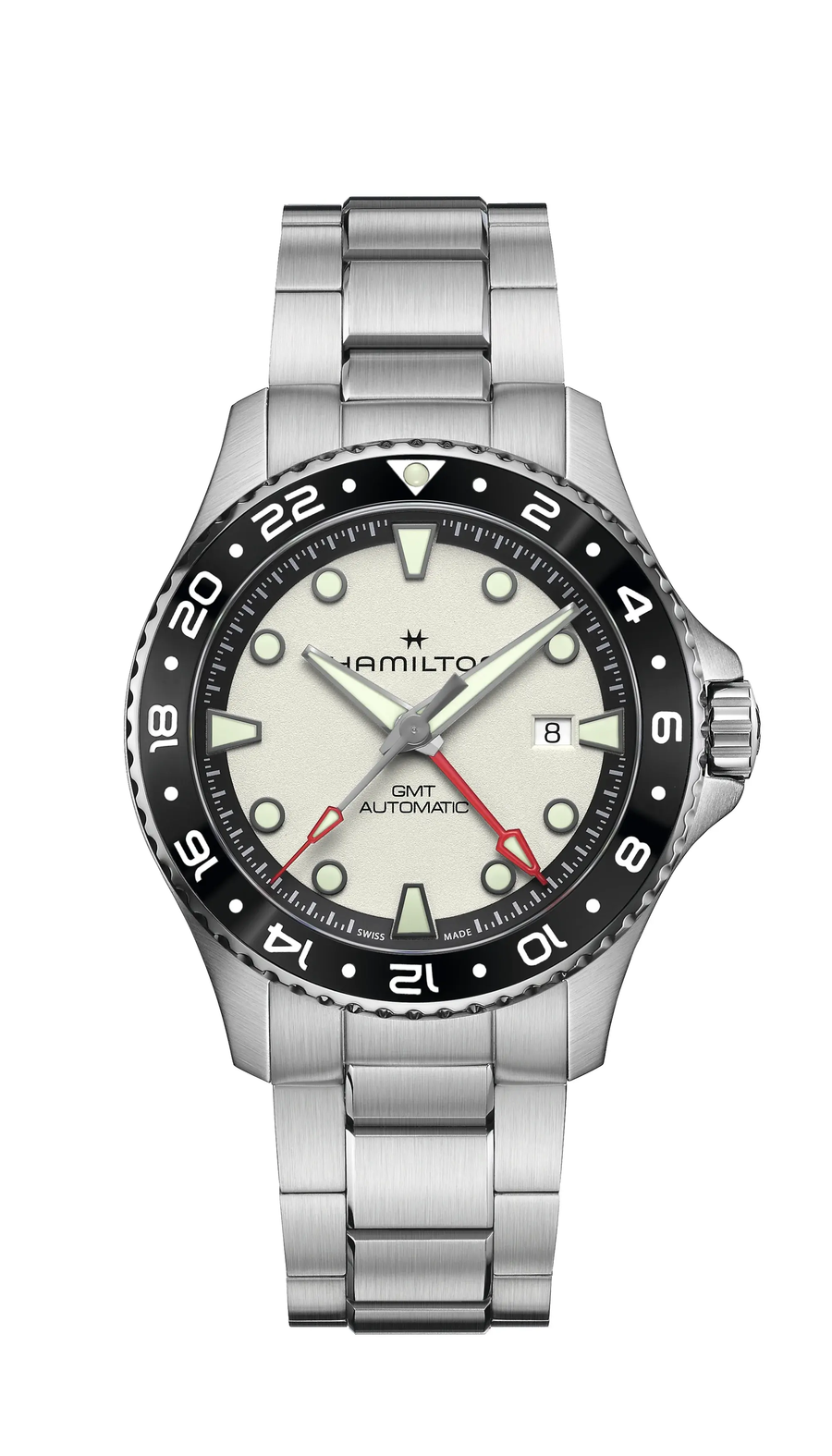 43mm Khaki Navy Scuba Automatic GMT Watch with Silver Dial in Stainless Steel, Bracelet