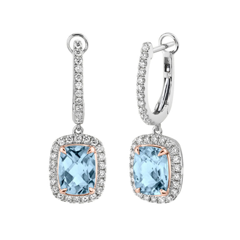 2.60ct Cushion Blue Topaz and 0.58ct Diamond Halo Drop Earrings in 14K White Gold