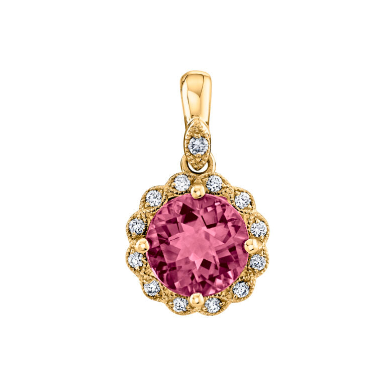 1.40ct Rhodolite Garnet and 0.07ct Diamond 6.5mm Halo Pendant in 14K Yellow Gold, 18" chain