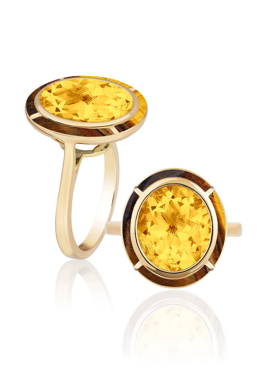 Melange 5.52ct Oval Citrine and 1.34ct Tiger Eye Ring in 18K Rose Gold, size 7