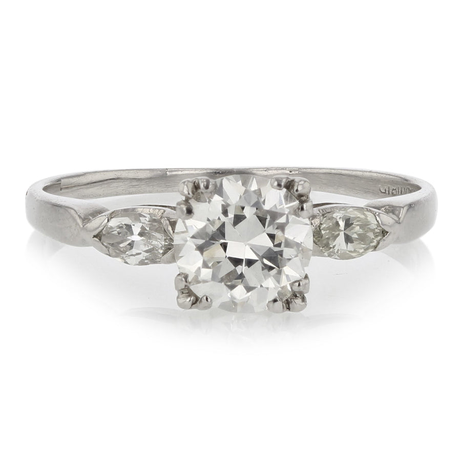 0.98ct Old European Cut Diamond and 0.16ct Marquise Diamond Ring in Platinum