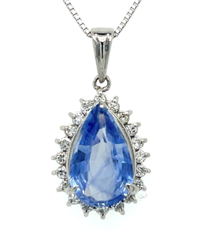 3.43ct Pear Shape Sapphire and 0.24ct Diamond Halo Pendant in Platinum, 18" chain