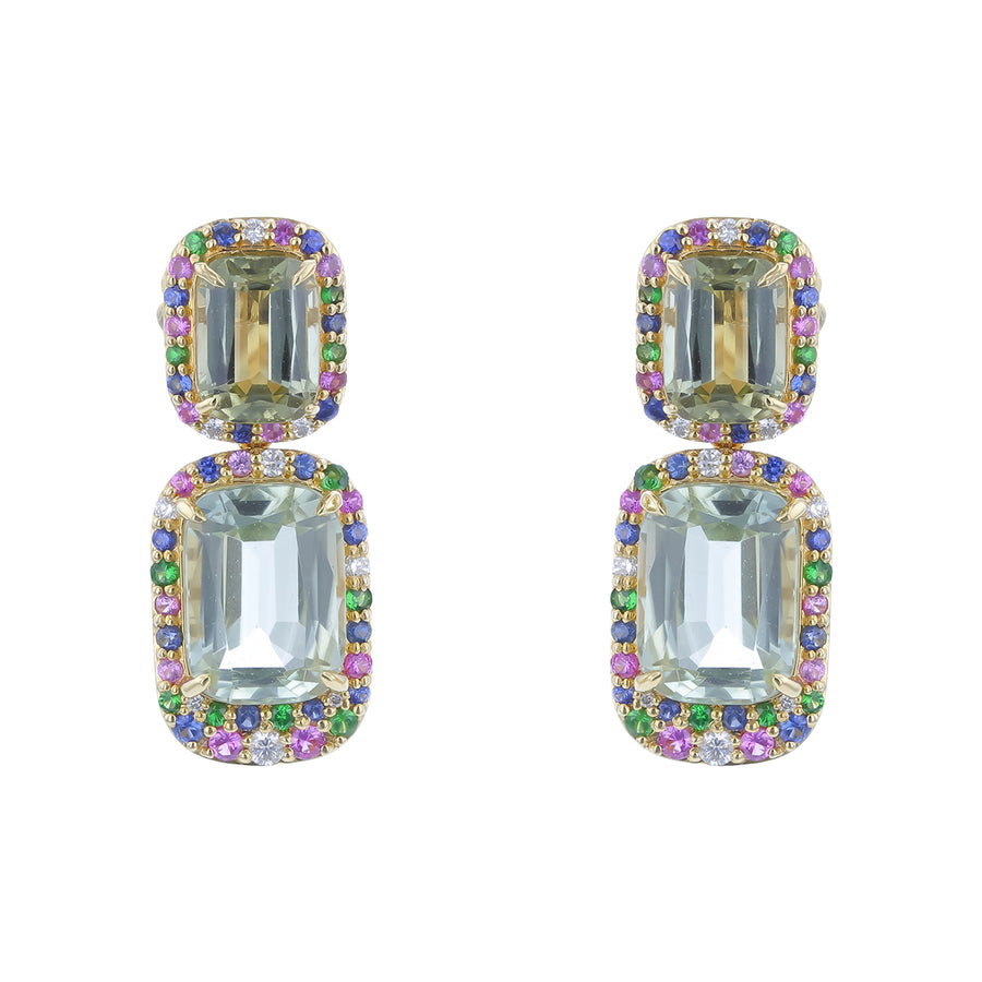 G-One 12.93ct Tourmaline, 0.47ct Blue Sapphire, 0.44ct Pink Sapphire, 0.25ct Tsavorite and 0.21ct Diamond Drop Earrings in 18K Yellow Gold