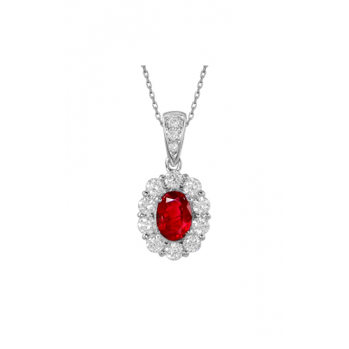 Precious 0.88ct Oval Ruby and 0.67ct Diamond Halo Pendant in 18K White Gold, 18" chain