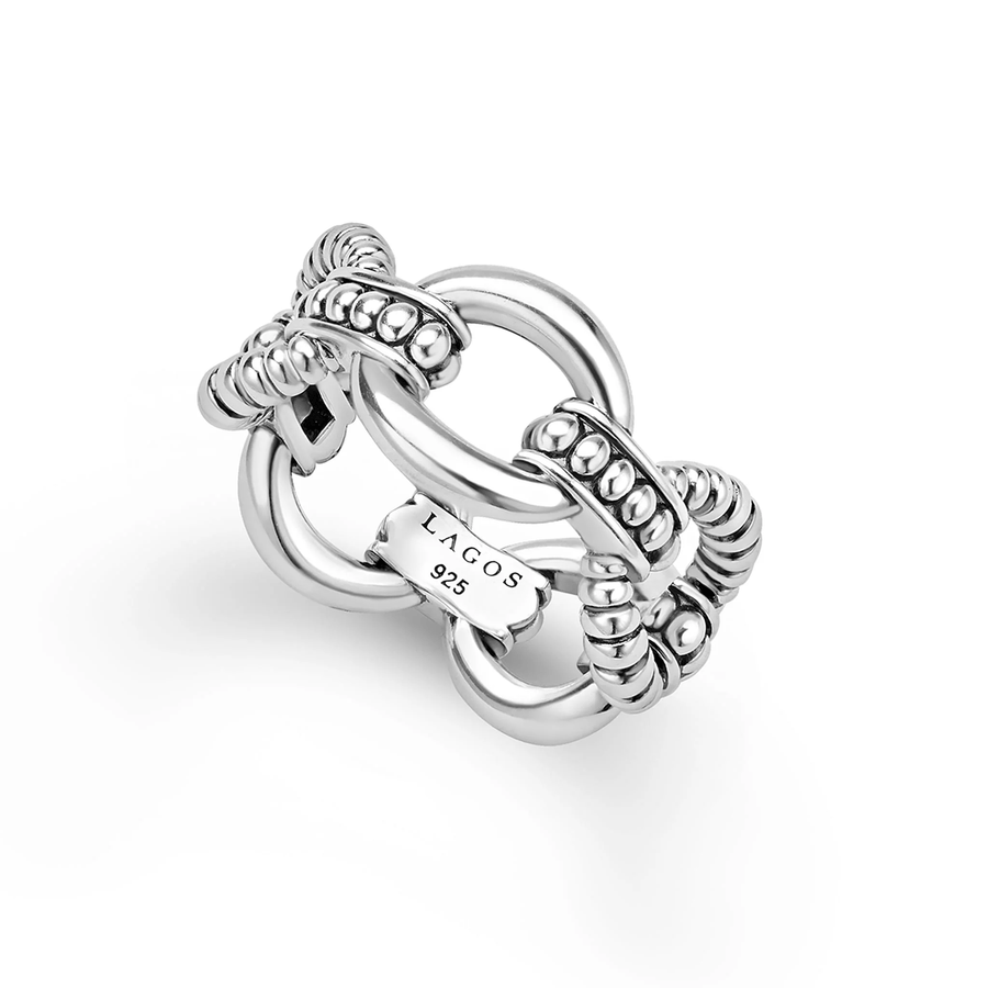 Signature Caviar 10mm Link Ring in Sterling Silver, Size 7