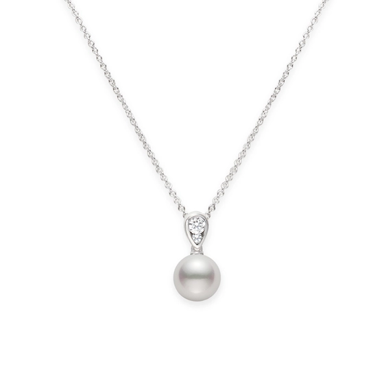 0.12Ct Diamond and Akoya A+ 7.5mm Pearl Pendant on Chain in 18k White Gold, 16-18in adj