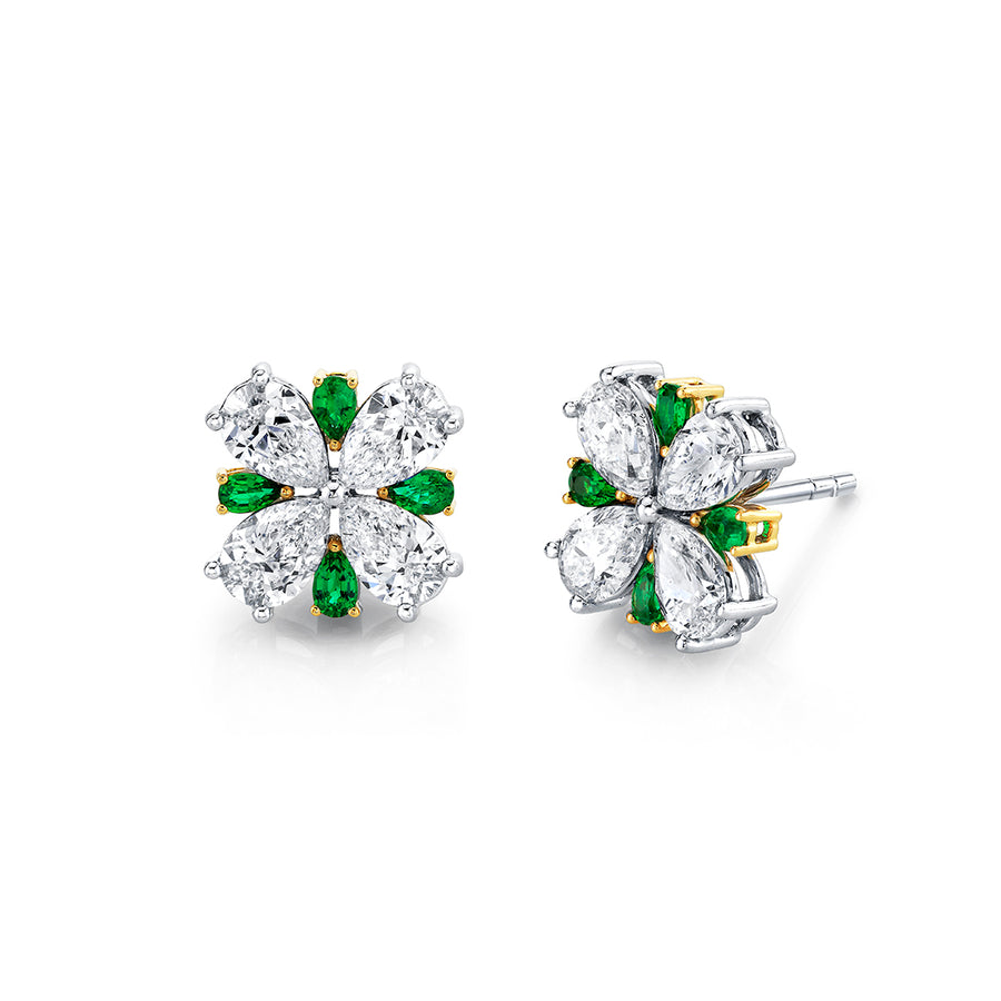 Scallop Jubilee 2.76ct Pear Shaped Diamond and 0.35ct Pear Shape Emerald Earrings in 18K White Gold