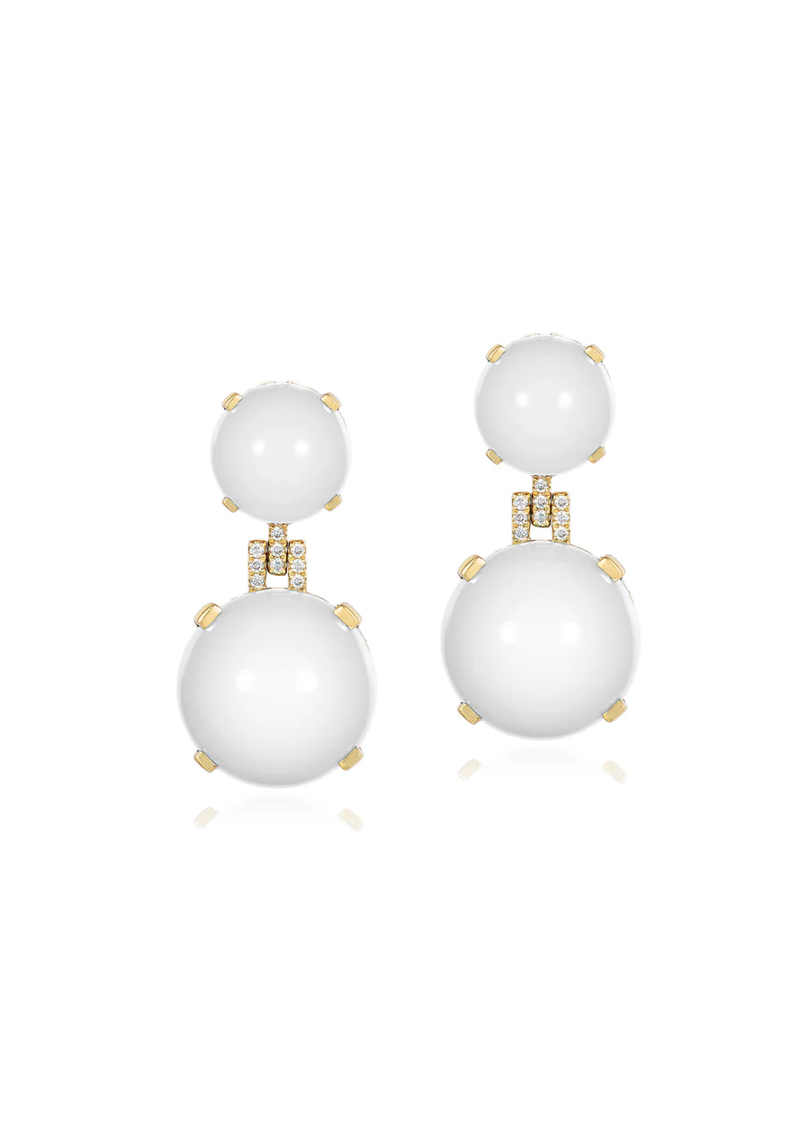 Rock N Roll 21.40ct Cabochon Moon Quartz and 0.11ct Round Diamond Drop Earring in 18K Yellow Gold