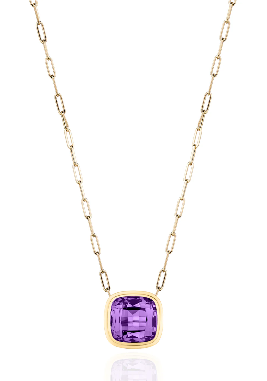 Manhattan 2.73ct Cushion Cut Amethyst Pendant in 18K Yellow Gold, 18" chain