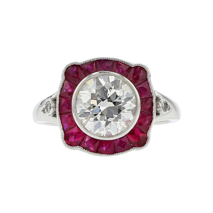 2.03ct Old European Cut Diamond, 1.12ct Ruby, and 0.04ct Diamond Ring in Platinum