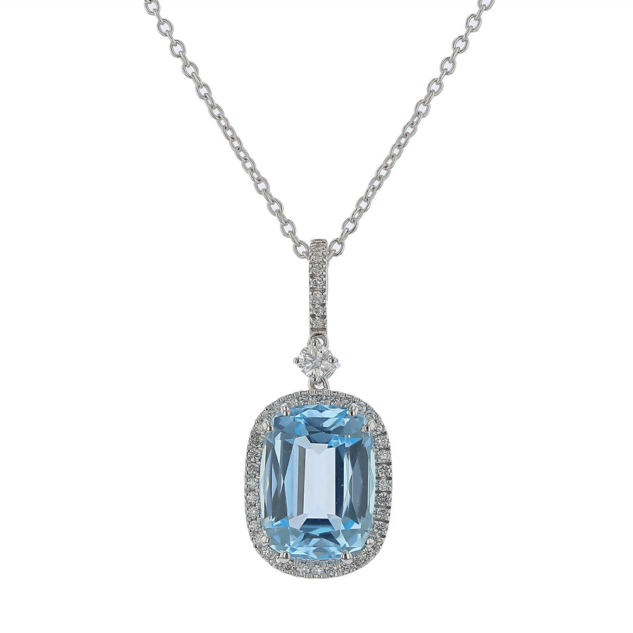 5.76ct Blue Topaz and 0.23ct Diamond Halo Pendant on Chain in 18K White Gold, 18" chain