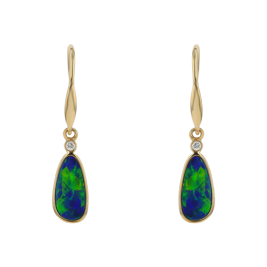 Opal Doublet and Diamond Drop Earrings in 14K Yellow Gold
