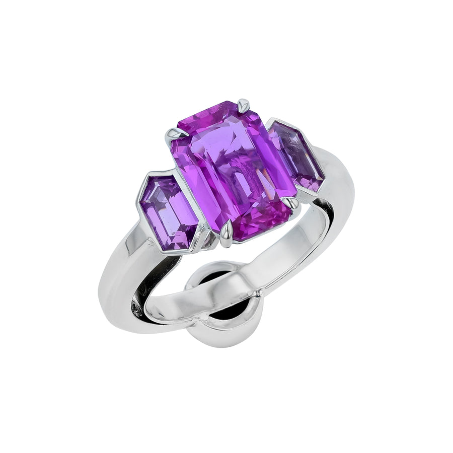 3.60ct Radiant Pink Sapphire, 1.73ct Pink Sapphire and 0.01ct Diamond 3 Stone Ring in Platinum, size 6.5
