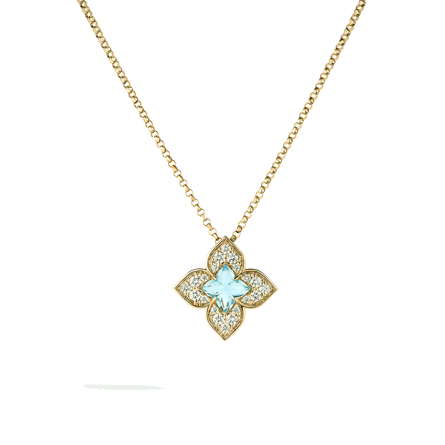 Venetian Princess 0.75ct Blue Topaz and 0.17ct Diamond Flower Pendant on Chain in 18K Yellow Gold, 18" chain
